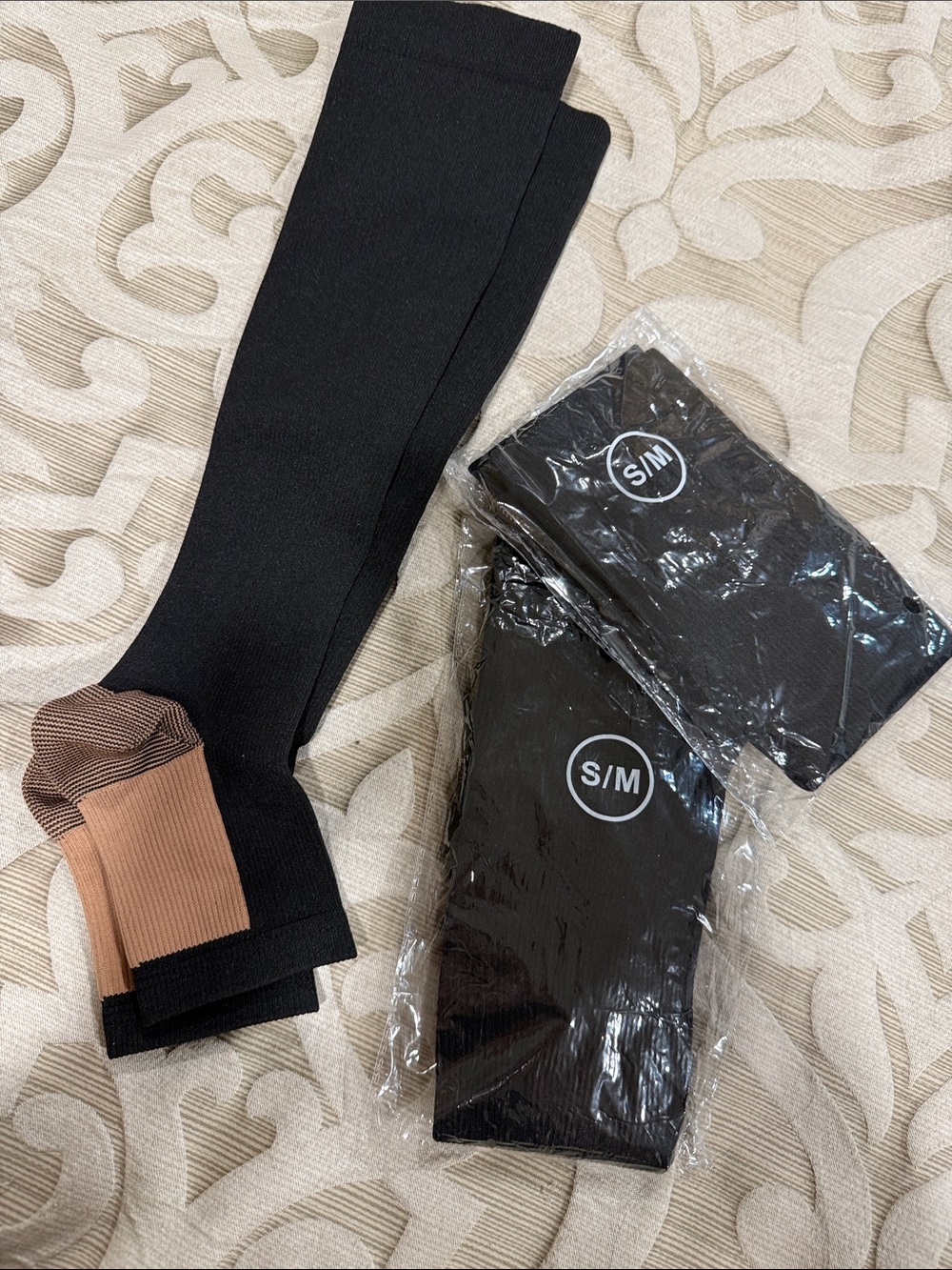Black Compression Socks with Tan Heel - S/M toeless 3 pairs never used